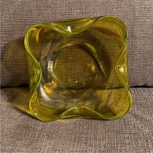 Art Glass Bowl Trinket Dish Catchall Rolled Corners Green Yellow Hand Blown